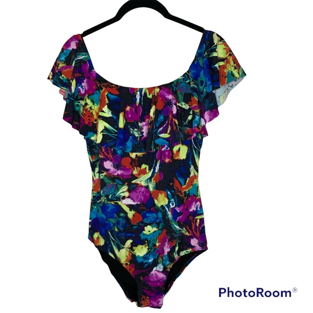 NWT Envya Swimwear‎ Womens Floral Print One Piece Swimsuit Size Medium Ruffle